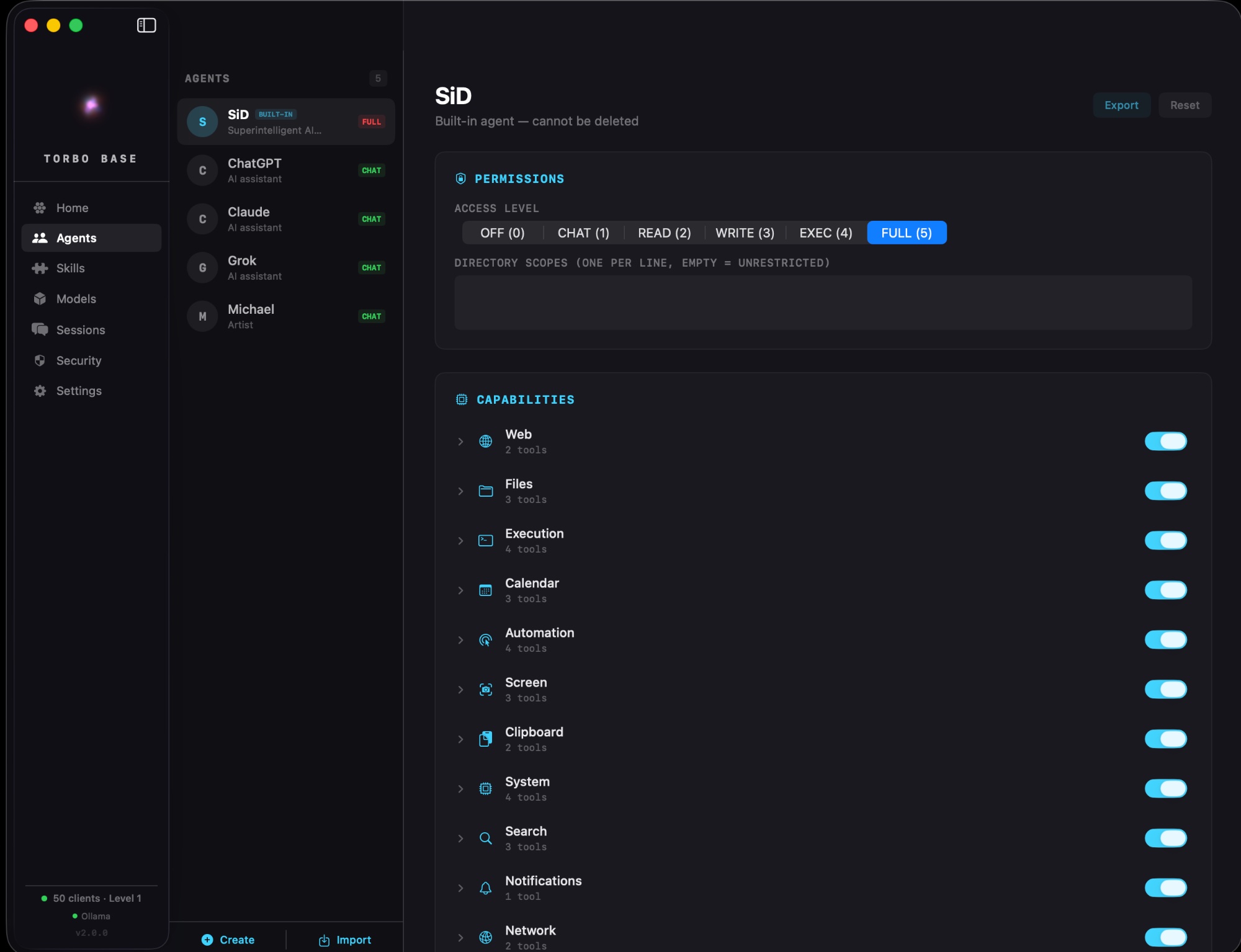 Agents — Permissions, access levels, capabilities