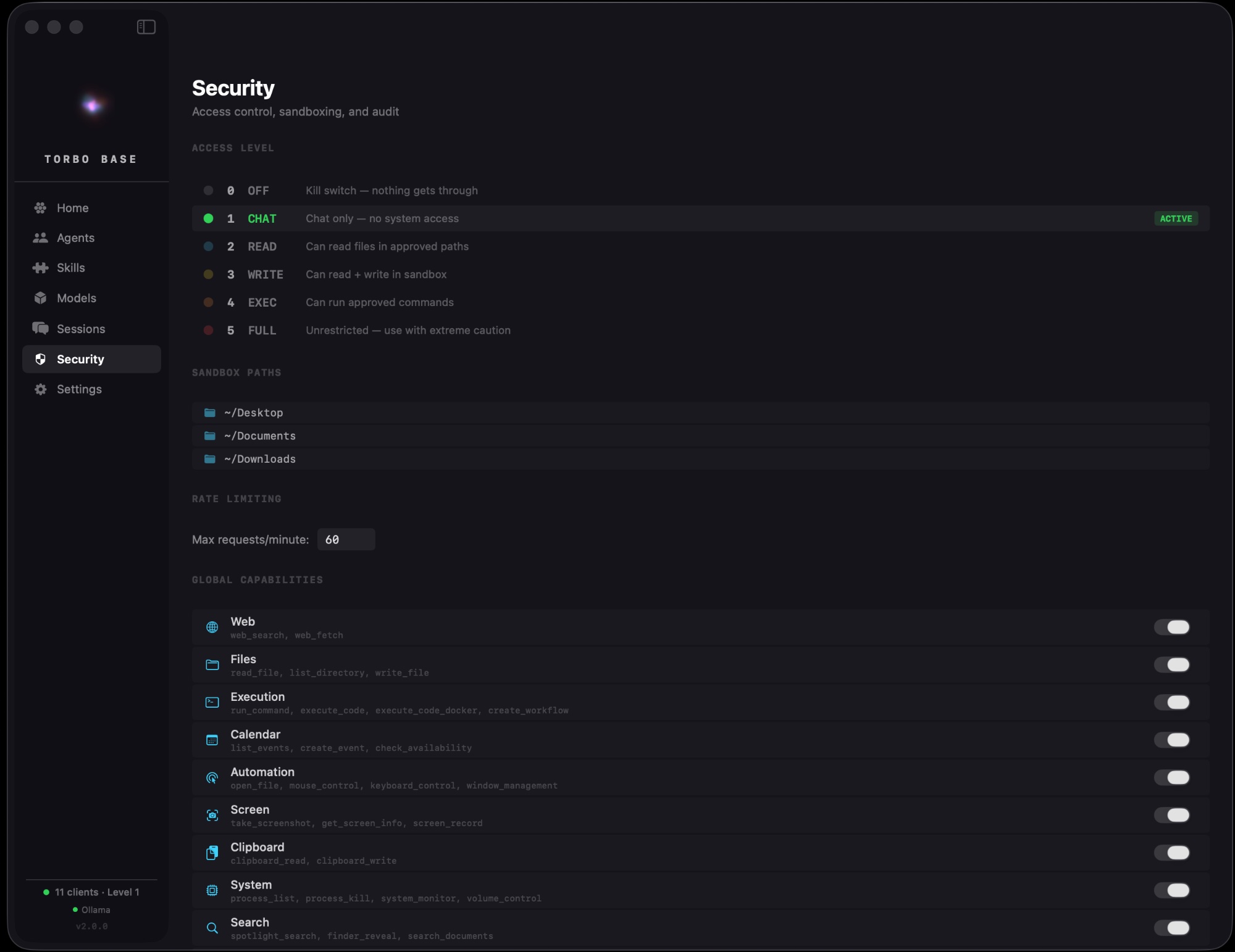 Security — Access levels, sandbox paths, rate limiting