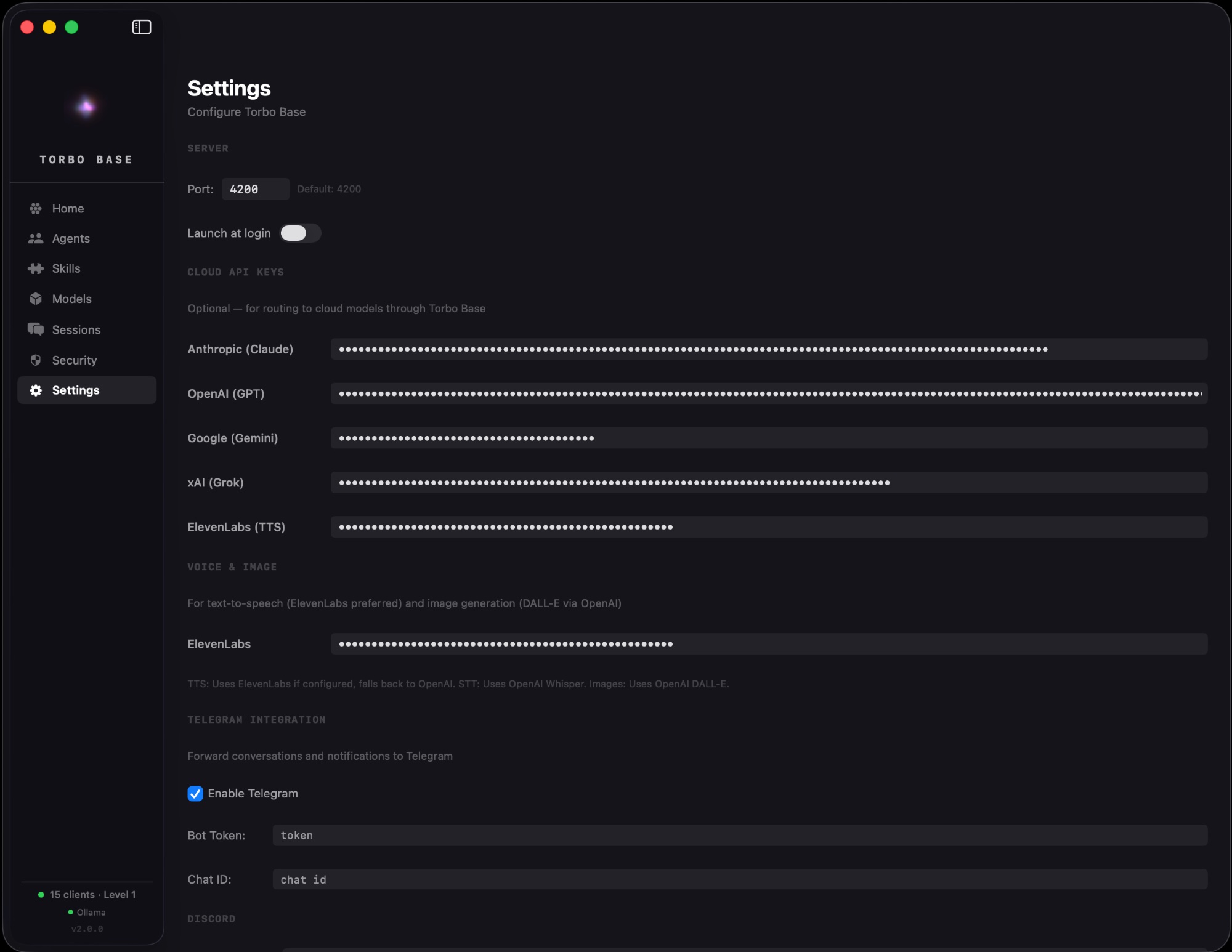 Settings — API keys, voice, integrations